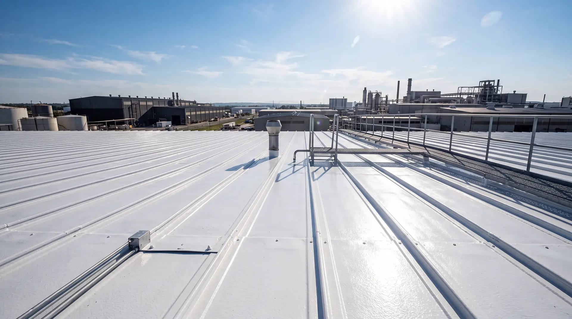 Roof with advanced cool coating under a bright sky, showcasing energy-efficient technology and thermal performance, relevant to NanoTech Materials' Cool Roof Coating System.
