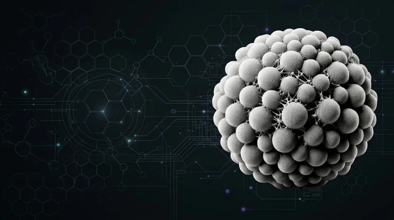 Abstract visualization of microscopic particles interconnected by fine lines, representing advanced nanotechnology relevant to NanoTech Materials' innovative coating solutions for energy efficiency and performance enhancement.