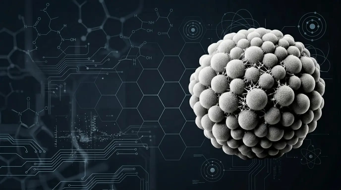 Abstract representation of nano-sized particles connected by a network, illustrating advanced nano-ceramic coating technology relevant to NanoTech Materials' innovative solutions for energy efficiency and building performance.