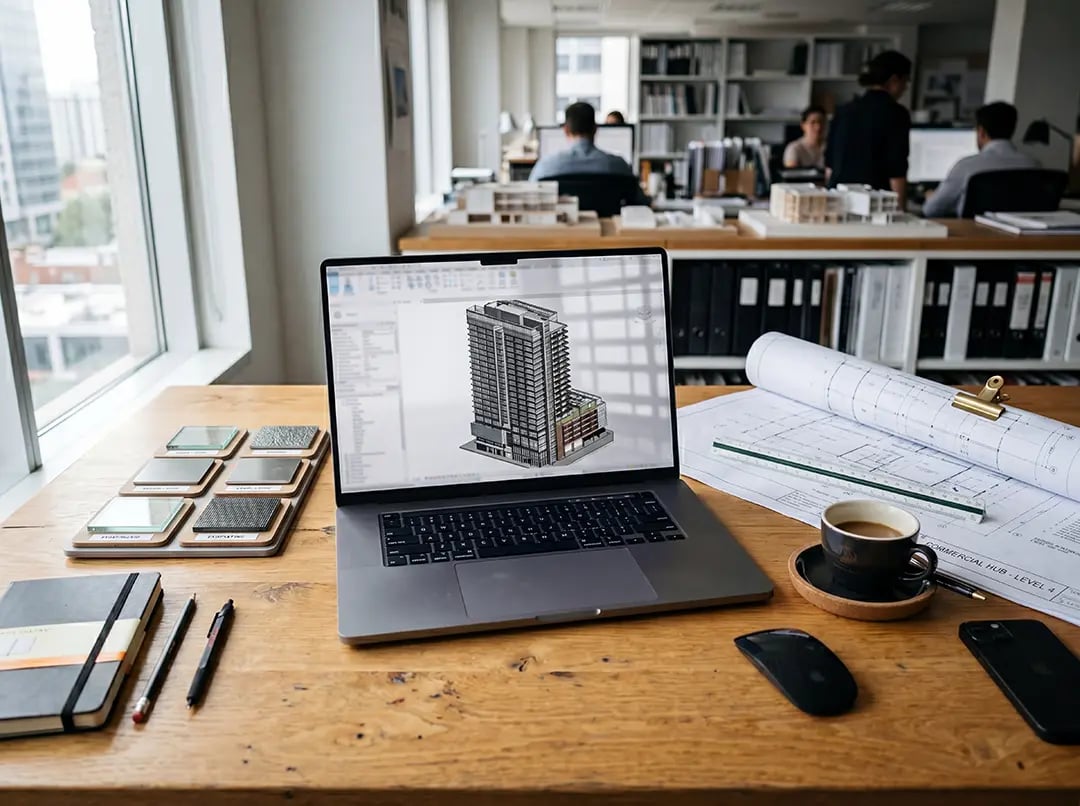 Laptop displaying architectural design of a modern building in a workspace, with a coffee cup and architectural plans on the table, emphasizing innovative solutions in construction and design.