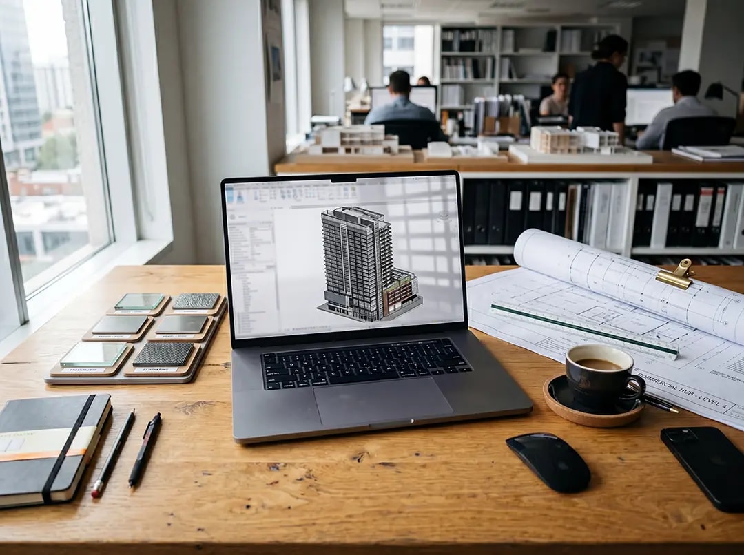 Laptop displaying architectural design of a modern building in a workspace, with a coffee cup and architectural plans on the table, emphasizing innovative solutions in construction and design.