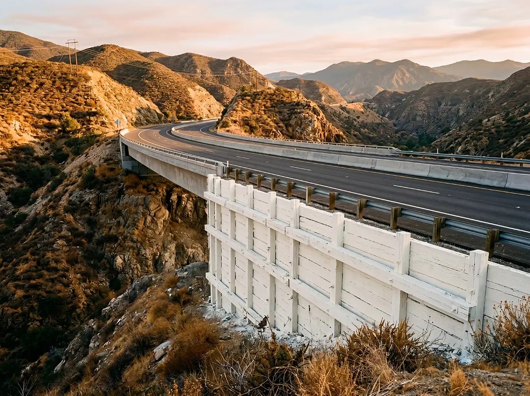 Burned landscape with a highway bridge, showcasing post-wildfire damage and infrastructure resilience in transportation.