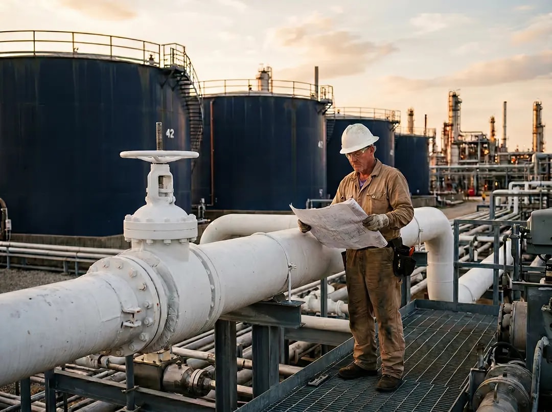 Worker in PPE inspecting large industrial process piping at an oil and gas facility, with infrastructure and equipment in the background, representing NanoTech Materials' Cool Touch industrial insulative coating for energy industries.