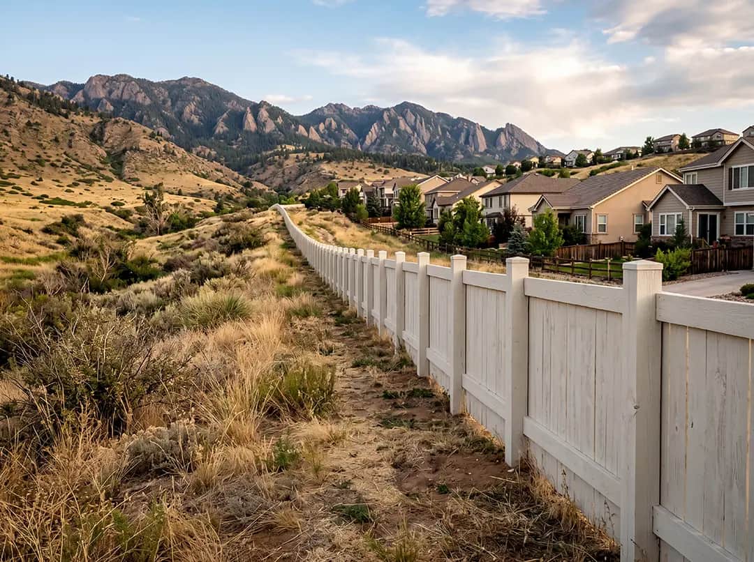 Wooden fence in a dry landscape with distant mountains and homes, illustrating community protection in wildfire-prone areas.