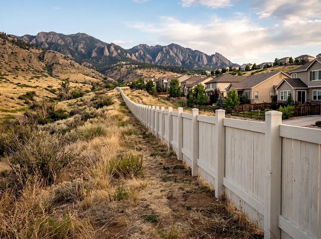 Wooden fence in a dry landscape with distant mountains and homes, illustrating community protection in wildfire-prone areas.