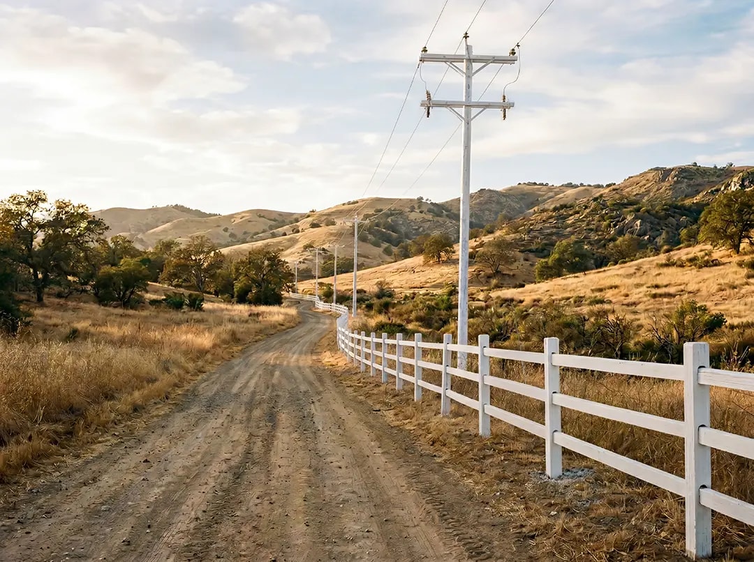 Wooden fence along a dirt road with utility poles, set against a hilly landscape, illustrating infrastructure resilience in wildfire-prone areas, relevant to NanoTech Materials' protective coating applications.