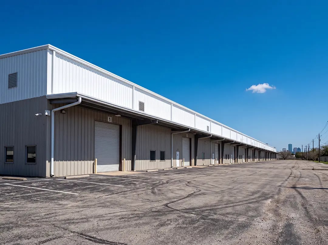 Large white pre-engineered building with a smooth exterior and clear blue sky, illustrating applications for NanoTech Materials' advanced coatings in commercial construction.
