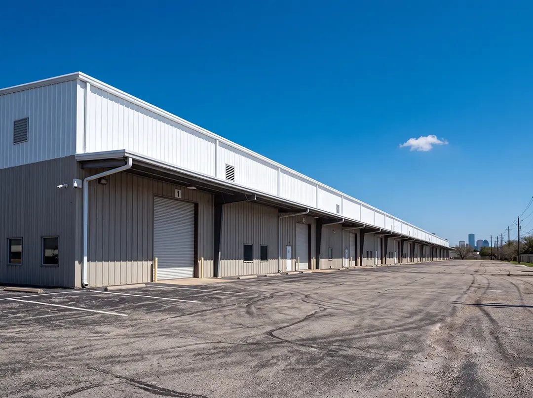Large white pre-engineered building with a smooth exterior and clear blue sky, illustrating applications for NanoTech Materials' advanced coatings in commercial construction.