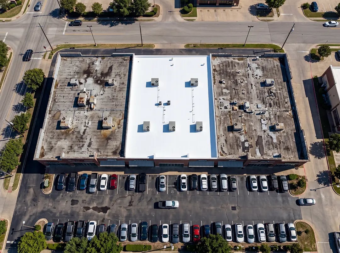 Aerial view of a white-coated commercial roof demonstrating NanoTech Materials' cool roofing solutions for energy efficiency and thermal insulation.