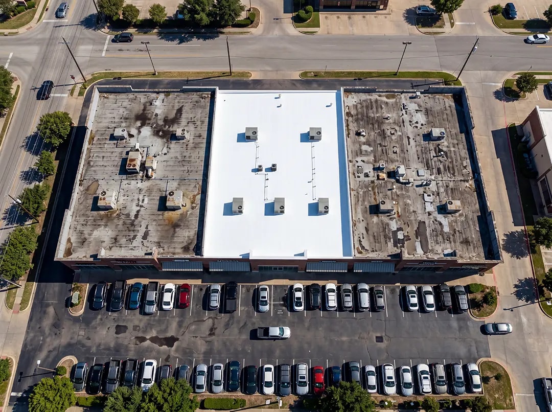 Aerial view of a white-coated commercial roof demonstrating NanoTech Materials' cool roofing solutions for energy efficiency and thermal insulation.
