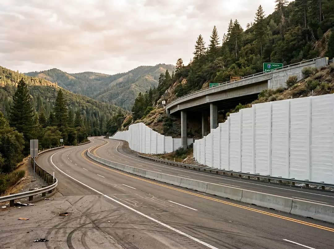 Bridge overpass in wildfire-prone area, showcasing durable construction for fire protection, surrounded by trees and smoke, emphasizing NanoTech Materials' applications in enhancing safety and building performance.