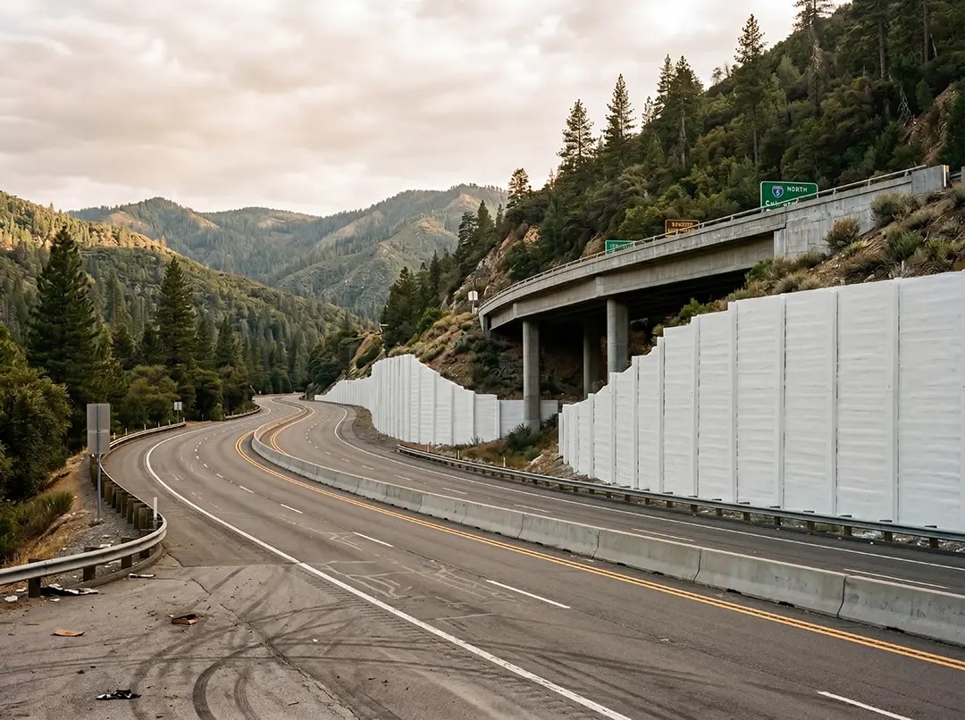 Bridge overpass in wildfire-prone area, showcasing durable construction for fire protection, surrounded by trees and smoke, emphasizing NanoTech Materials' applications in enhancing safety and building performance.