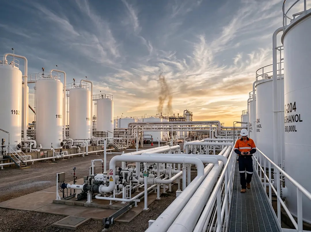 Industrial facility showcasing advanced thermal energy systems, featuring a large white storage tank and interconnected piping, emphasizing NanoTech Materials' focus on energy efficiency solutions.
