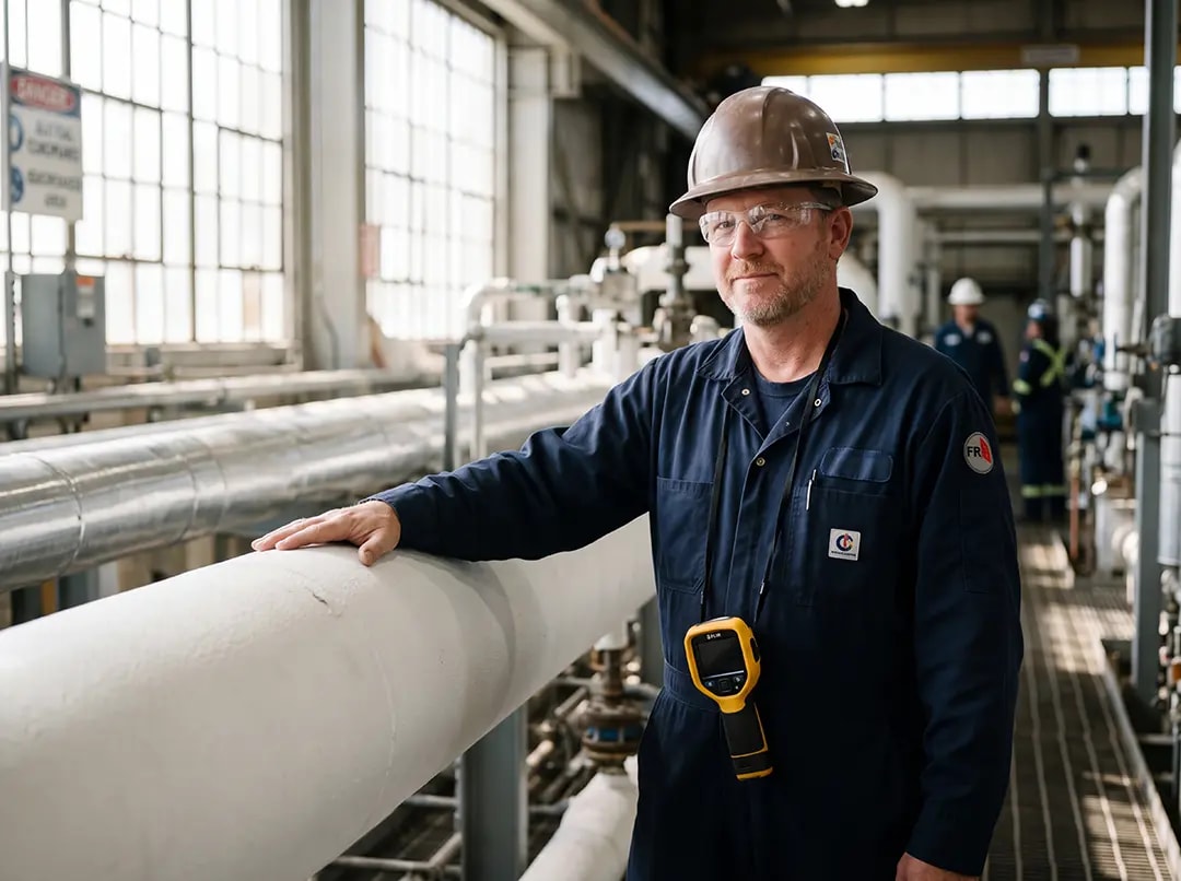 Industrial facility featuring large white pipes and machinery, illustrating advanced technology relevant to NanoTech Materials' thermal insulation and energy efficiency solutions.