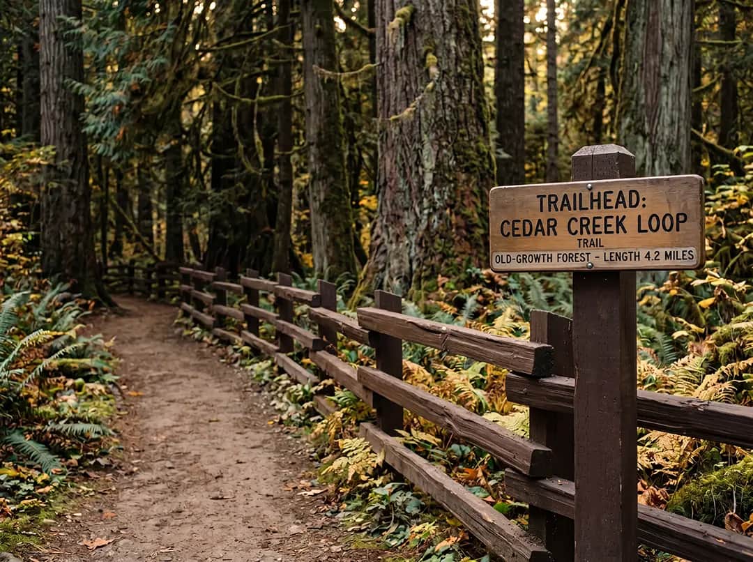 Forest path with wooden fence, surrounded by tall trees and autumn foliage, representing outdoor environments relevant to NanoTech Materials' applications in roofing and insulation.