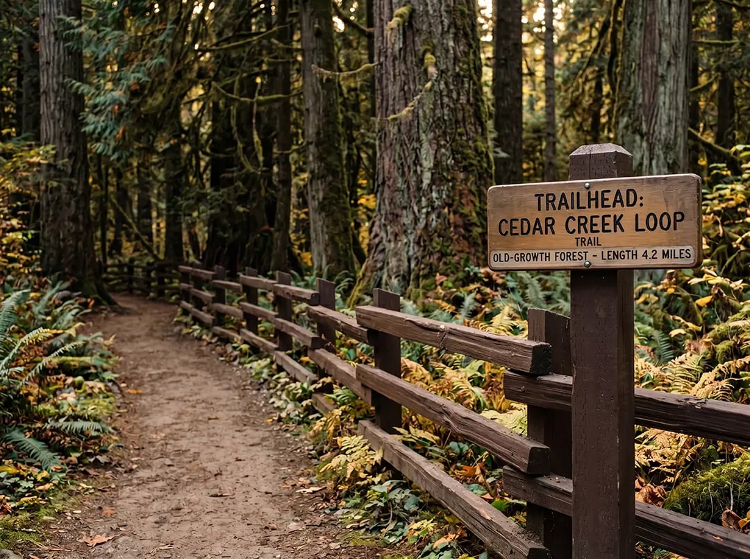 Forest path with wooden fence and trail signage in a fire-prone park, surrounded by tall trees and autumn foliage — representing wooden park infrastructure protected by NanoTech Materials' Wildfire Shield fire-protective coating.