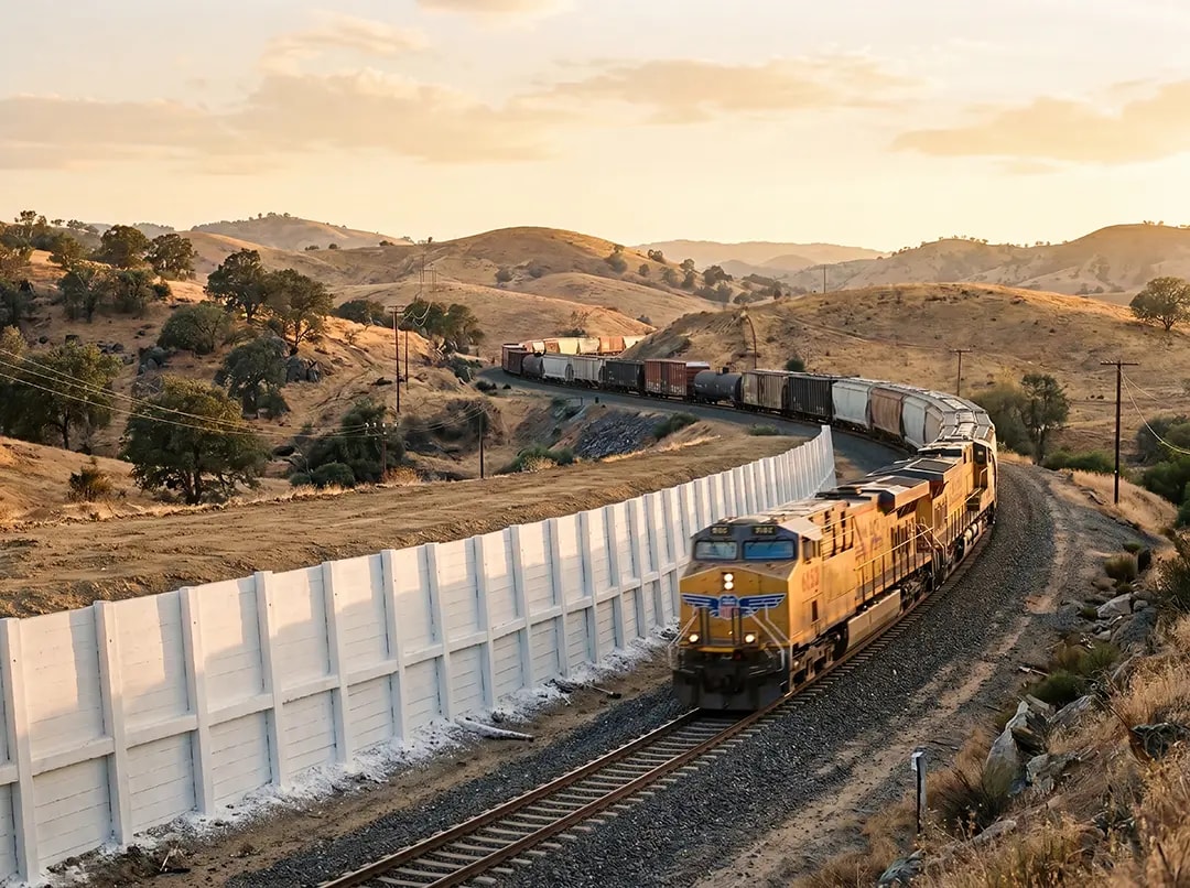 Curving railroad tracks alongside a wooden retaining wall, with a freight train traveling through a hilly landscape featuring dry grass and scattered vegetation, illustrating transportation infrastructure relevant to NanoTech Materials' industry applications.